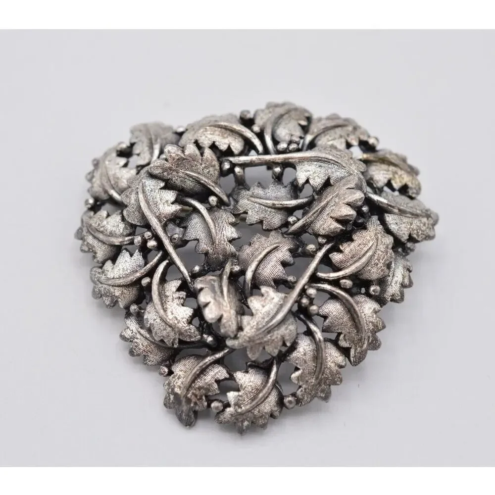Vintage Leaf Pin Brooch Brushed Silver Pewter Textured Leaves Chunky 1980s 9B